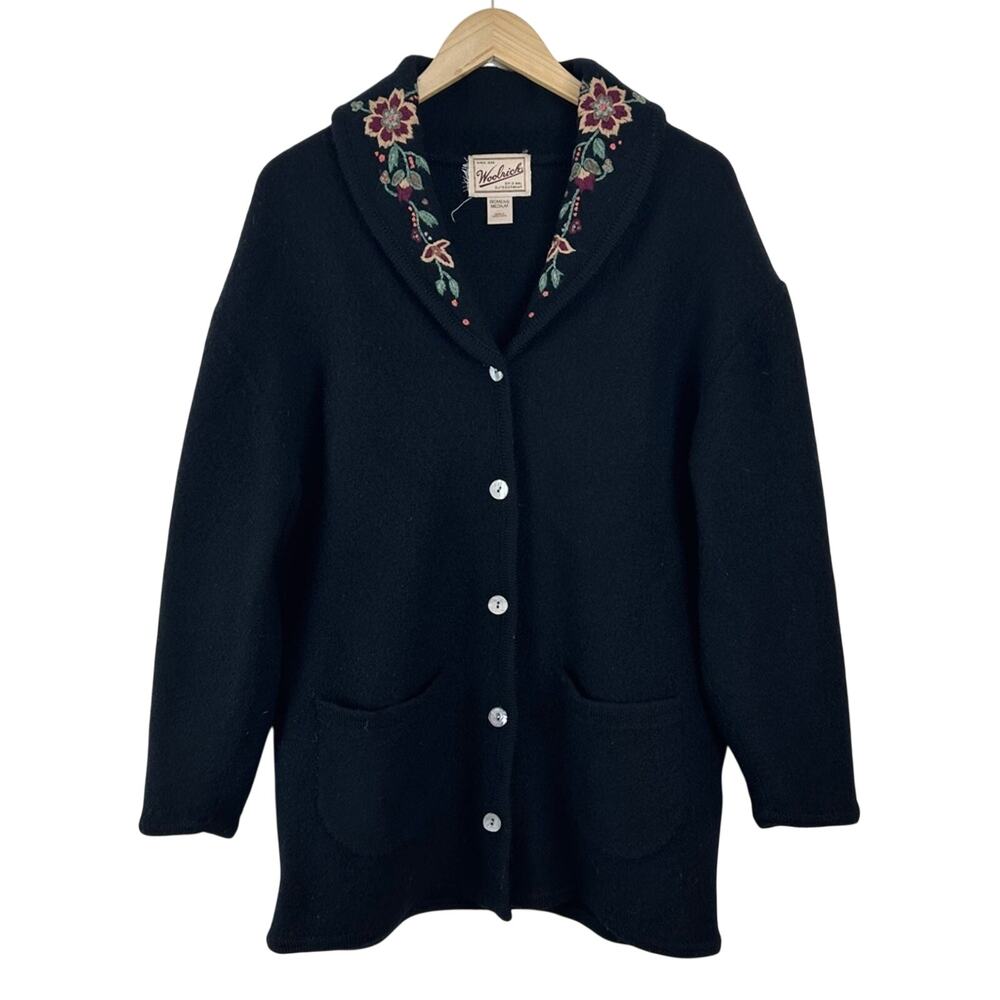 Vintage Woolrich‎ Wool Coat Cardigan Sweater Embroidered Collar Women's Medium